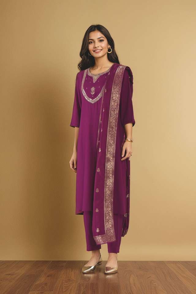 Purple Viscose Embroidered Kurta Set thumbnail image number null