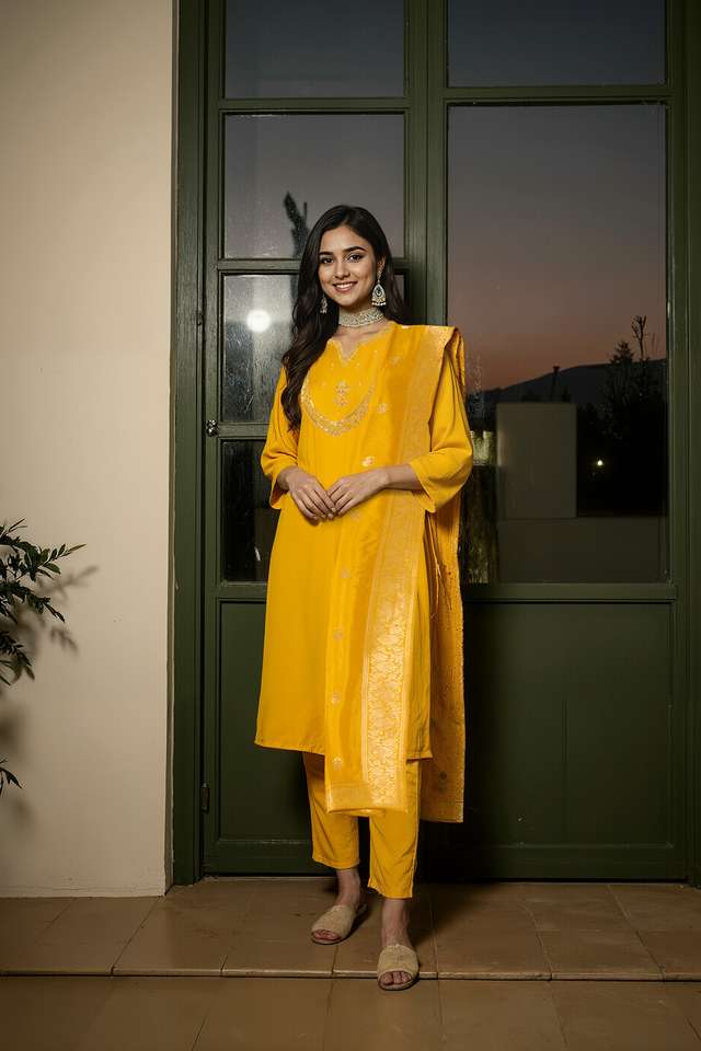 Yellow Viscose Embroidered Kurta Set image number