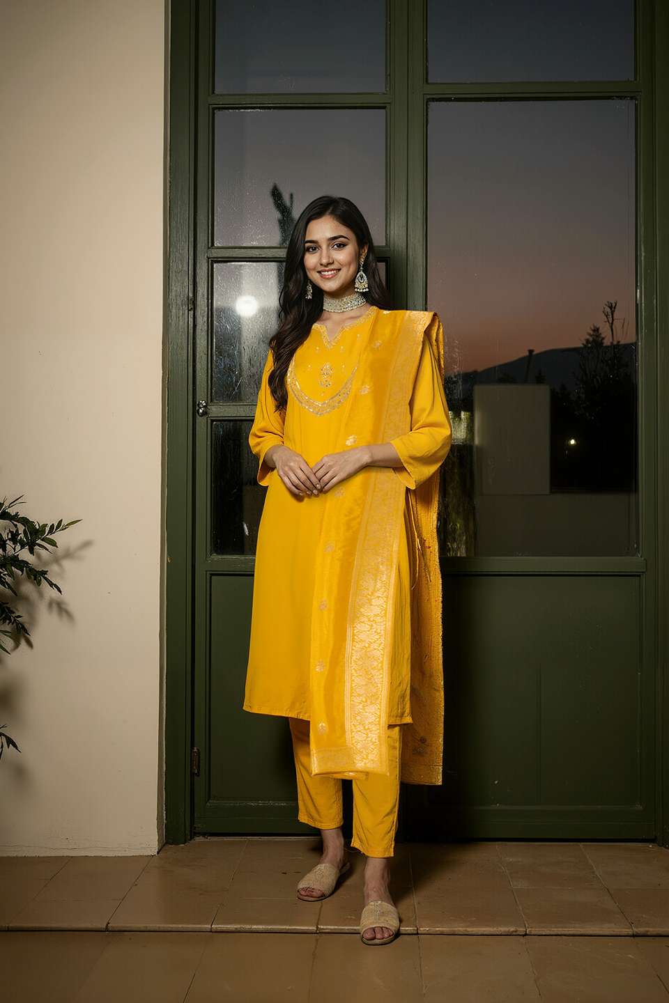 Yellow Viscose Embroidered Kurta Set