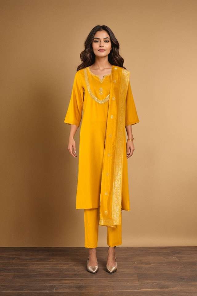 Yellow Viscose Embroidered Kurta Set thumbnail image number null