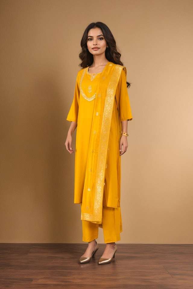 Yellow Viscose Embroidered Kurta Set thumbnail image number null
