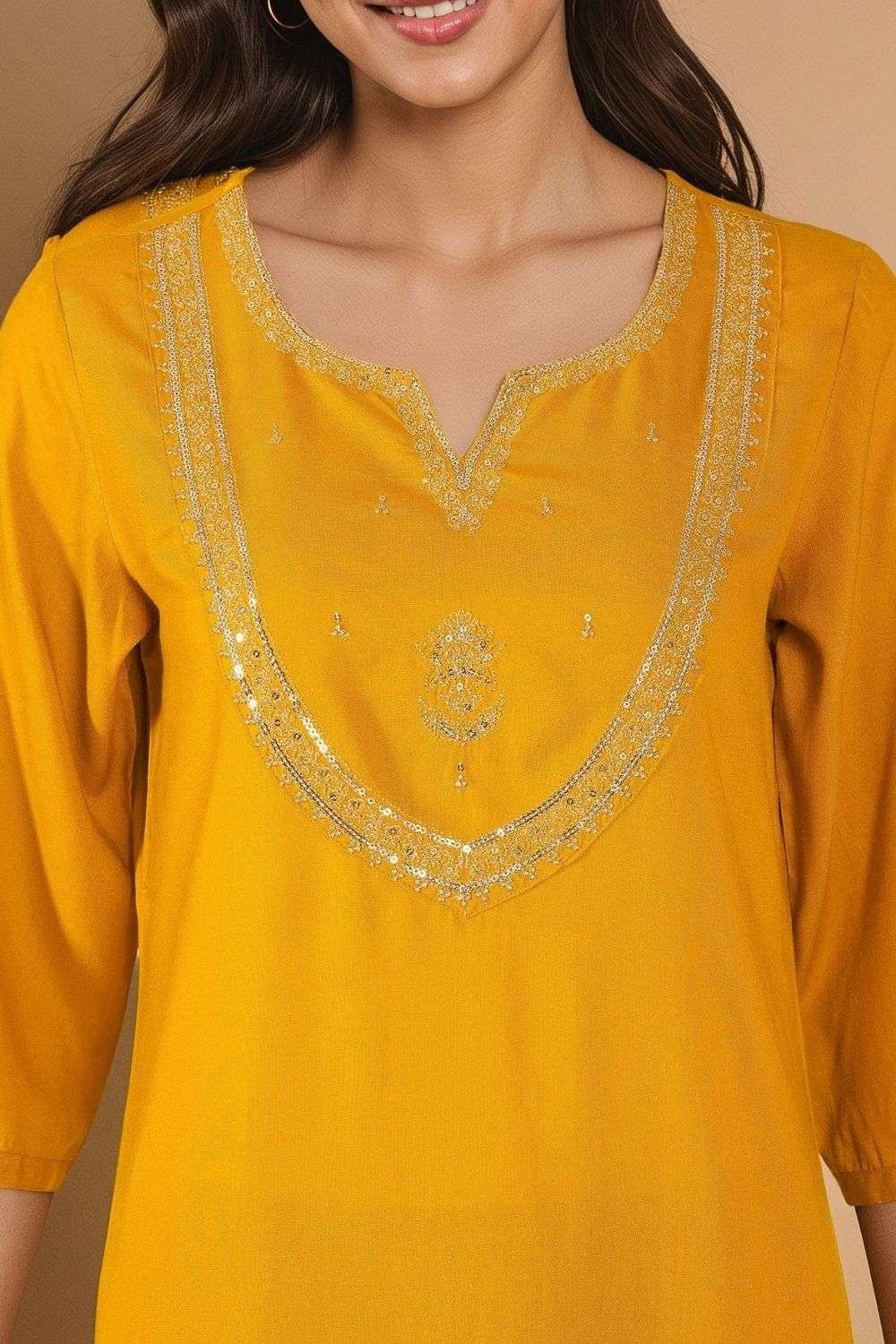 Yellow Viscose Embroidered Kurta Set image number null