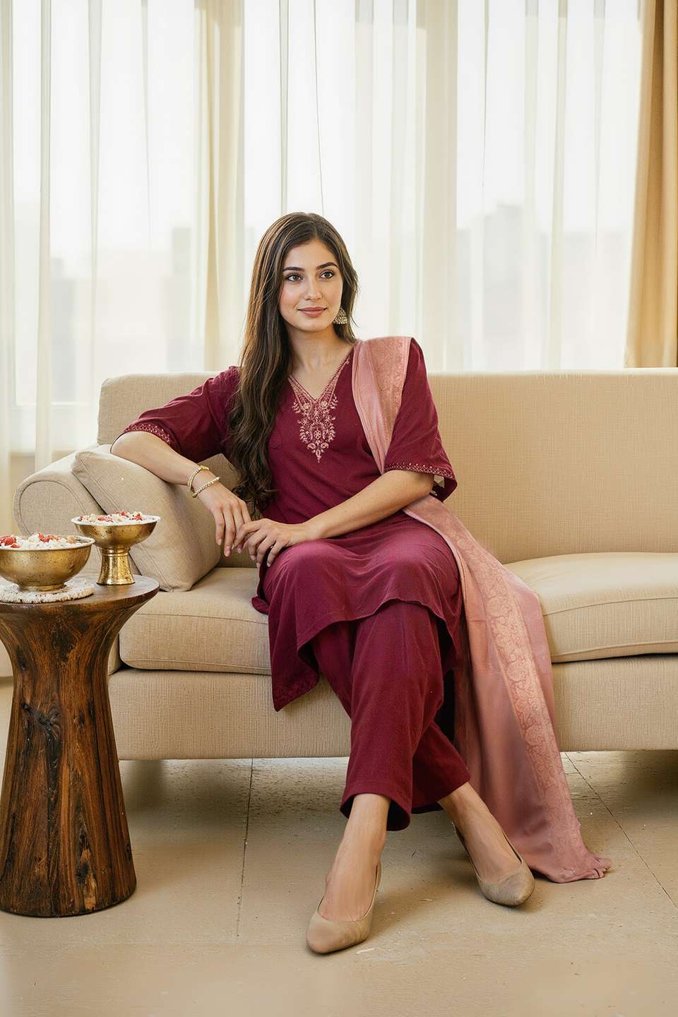 Dark Red Viscose Embroidered Kurta Set
