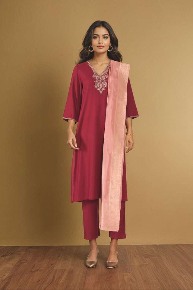 Dark Red Viscose Embroidered Kurta Set thumbnail image number null
