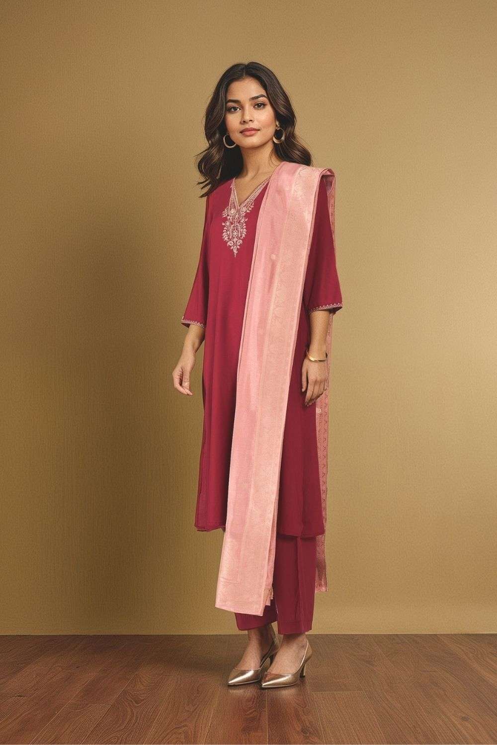 Dark Red Viscose Embroidered Kurta Set image number null