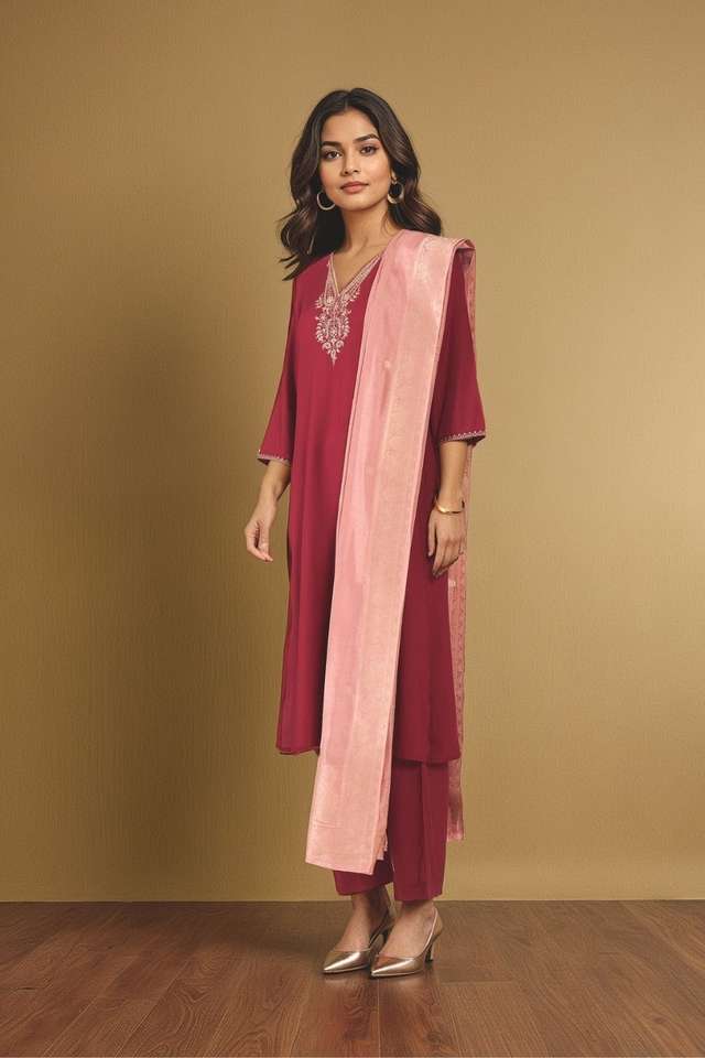 Dark Red Viscose Embroidered Kurta Set thumbnail image number null