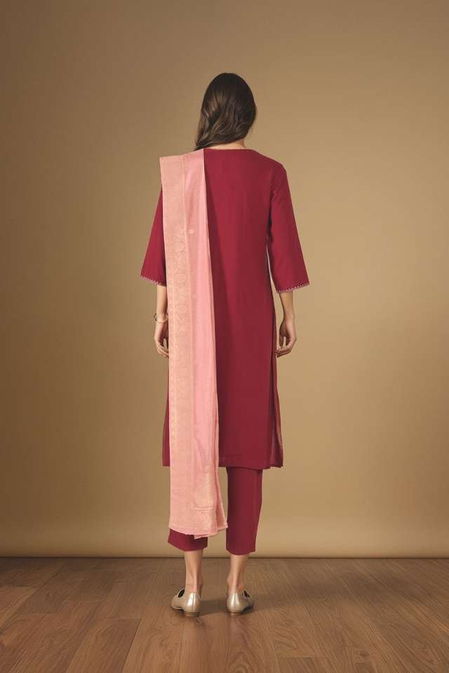 Dark Red Viscose Embroidered Kurta Set thumbnail image number null