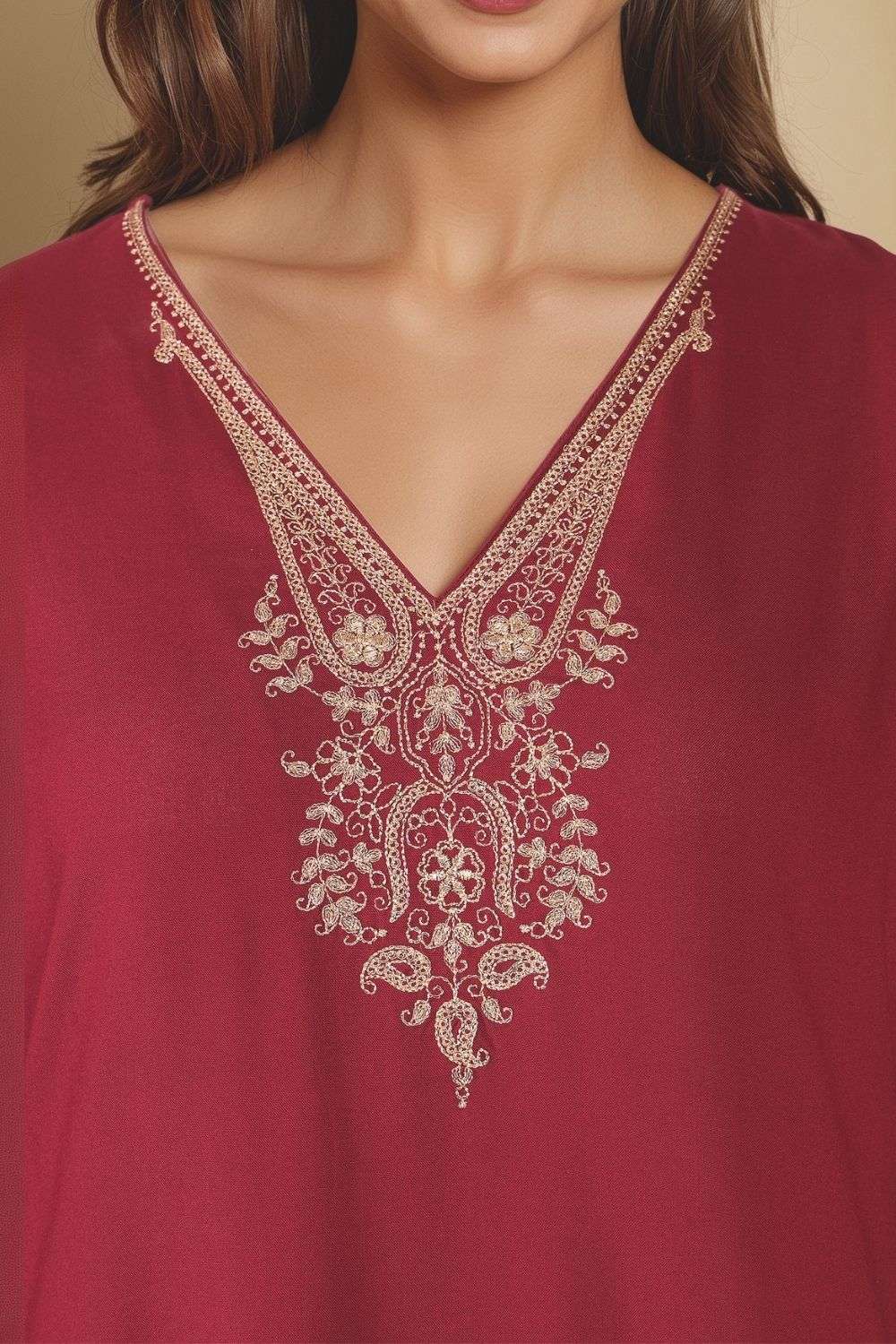Dark Red Viscose Embroidered Kurta Set image number null