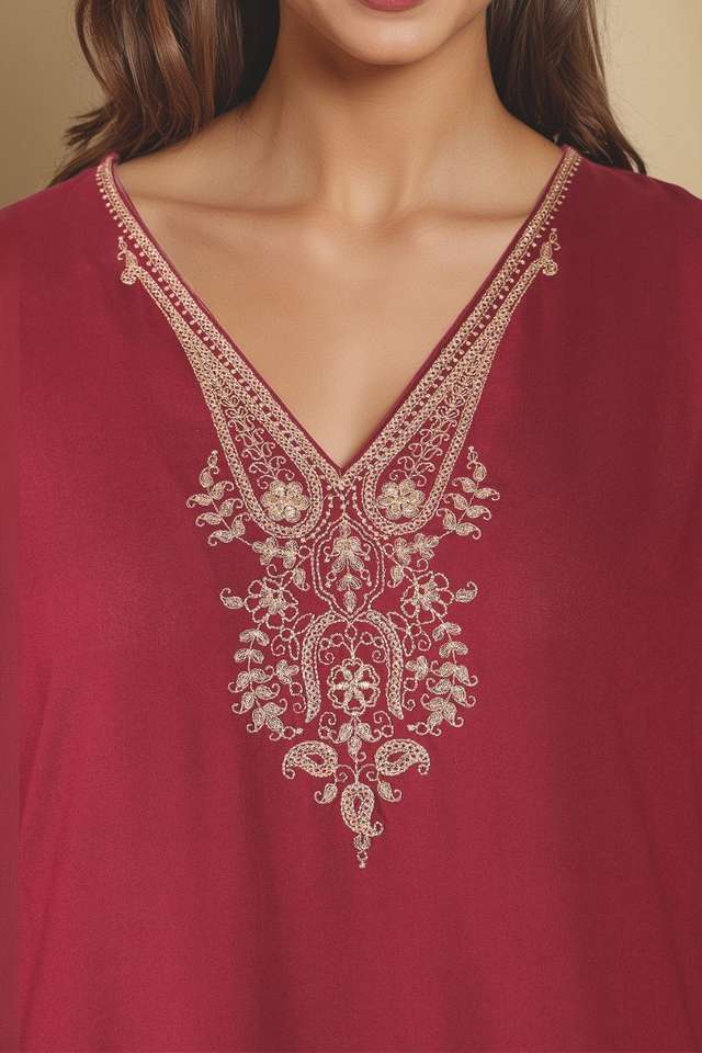 Dark Red Viscose Embroidered Kurta Set thumbnail image number null