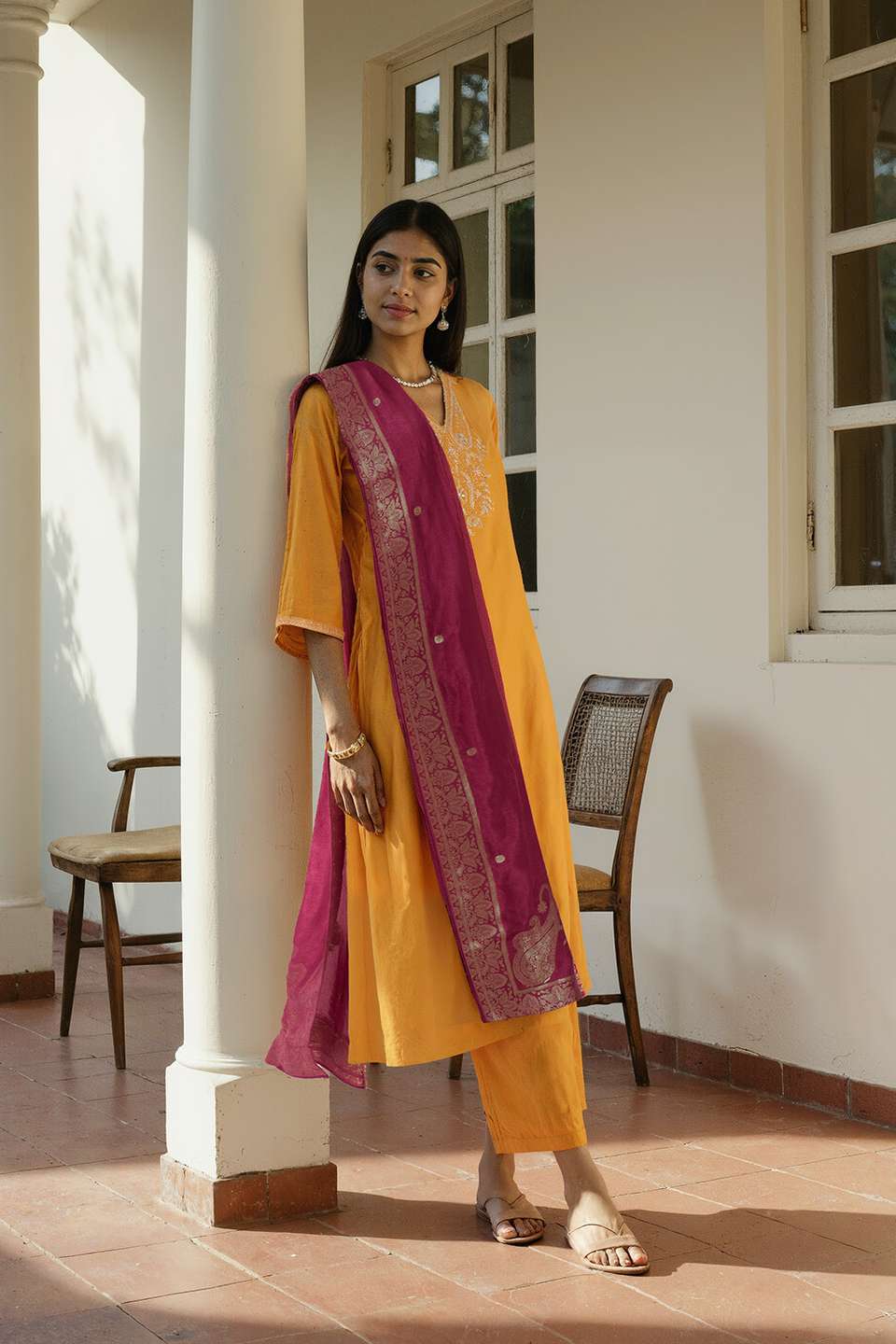 Yellow Viscose Embroidered Kurta Set