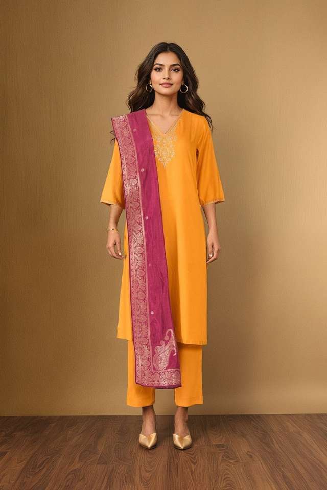 Yellow Viscose Embroidered Kurta Set thumbnail image number null