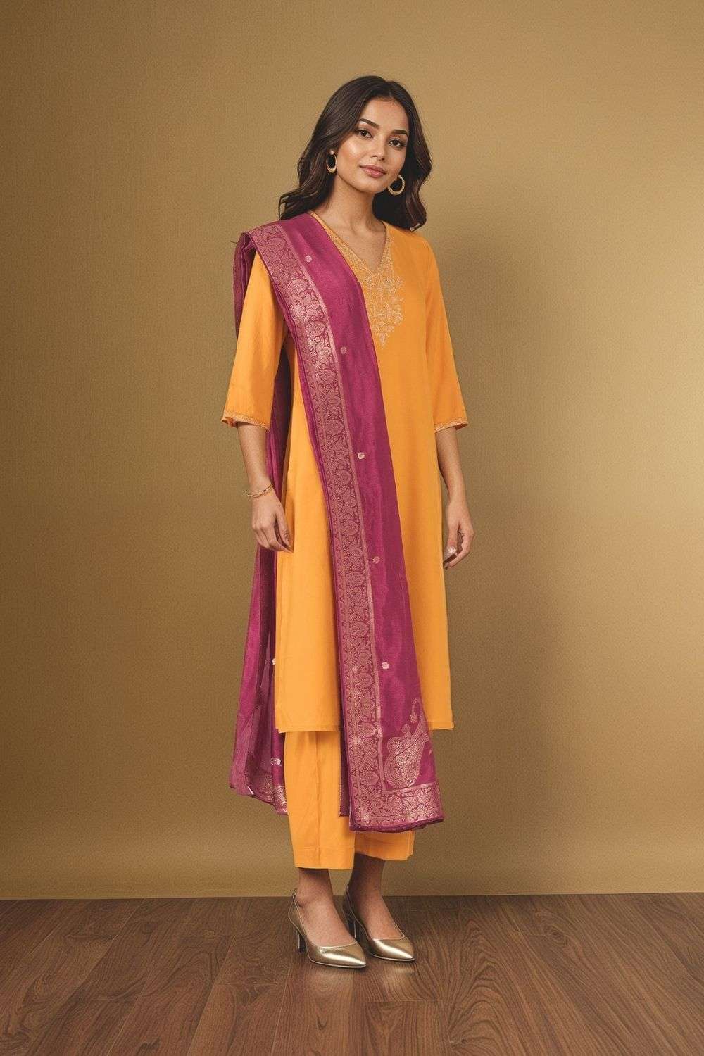 Yellow Viscose Embroidered Kurta Set image number null