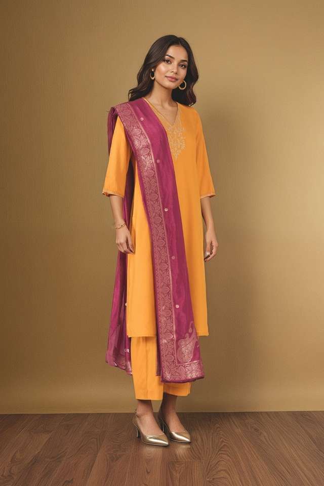 Yellow Viscose Embroidered Kurta Set thumbnail image number null