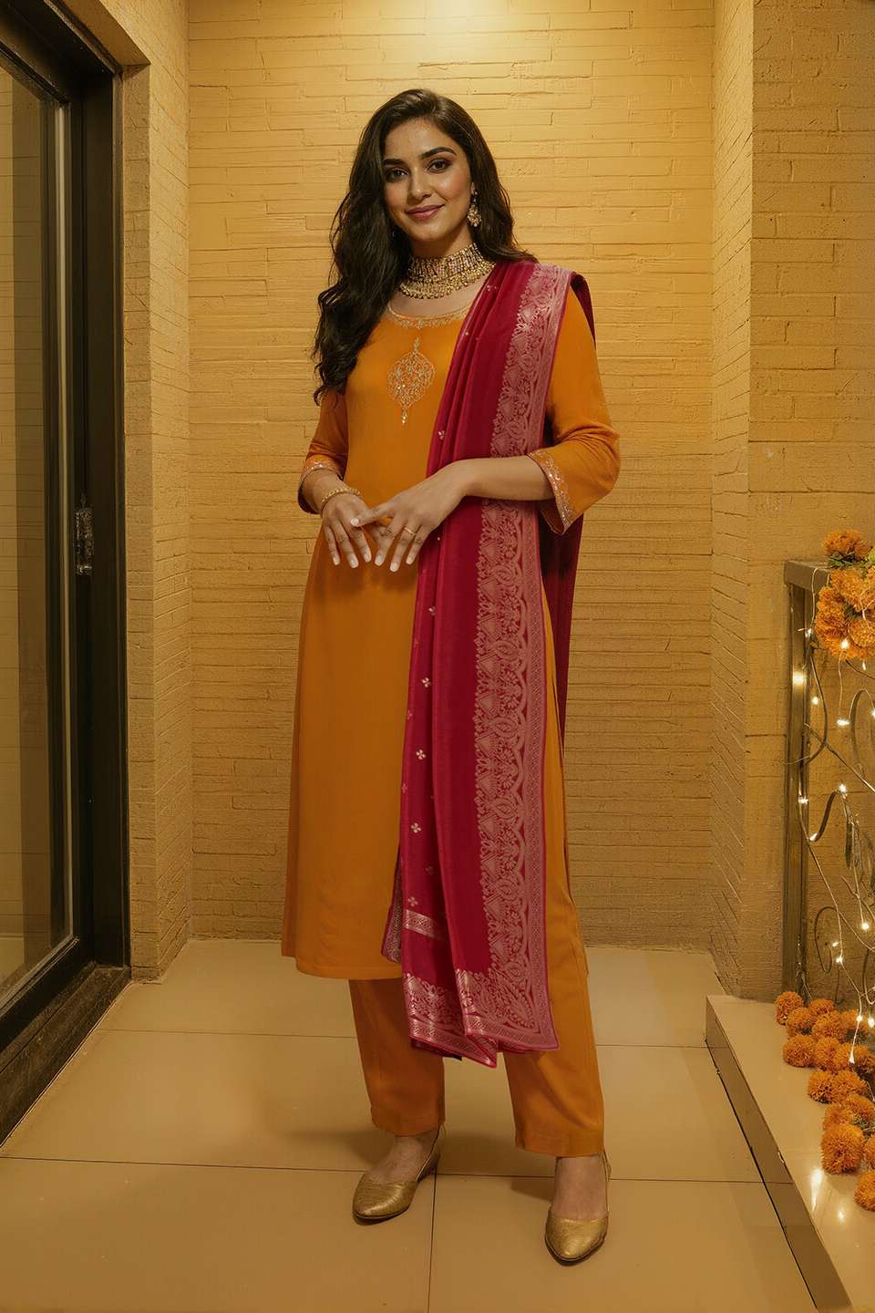 Orange Viscose Embroidered Kurta Set