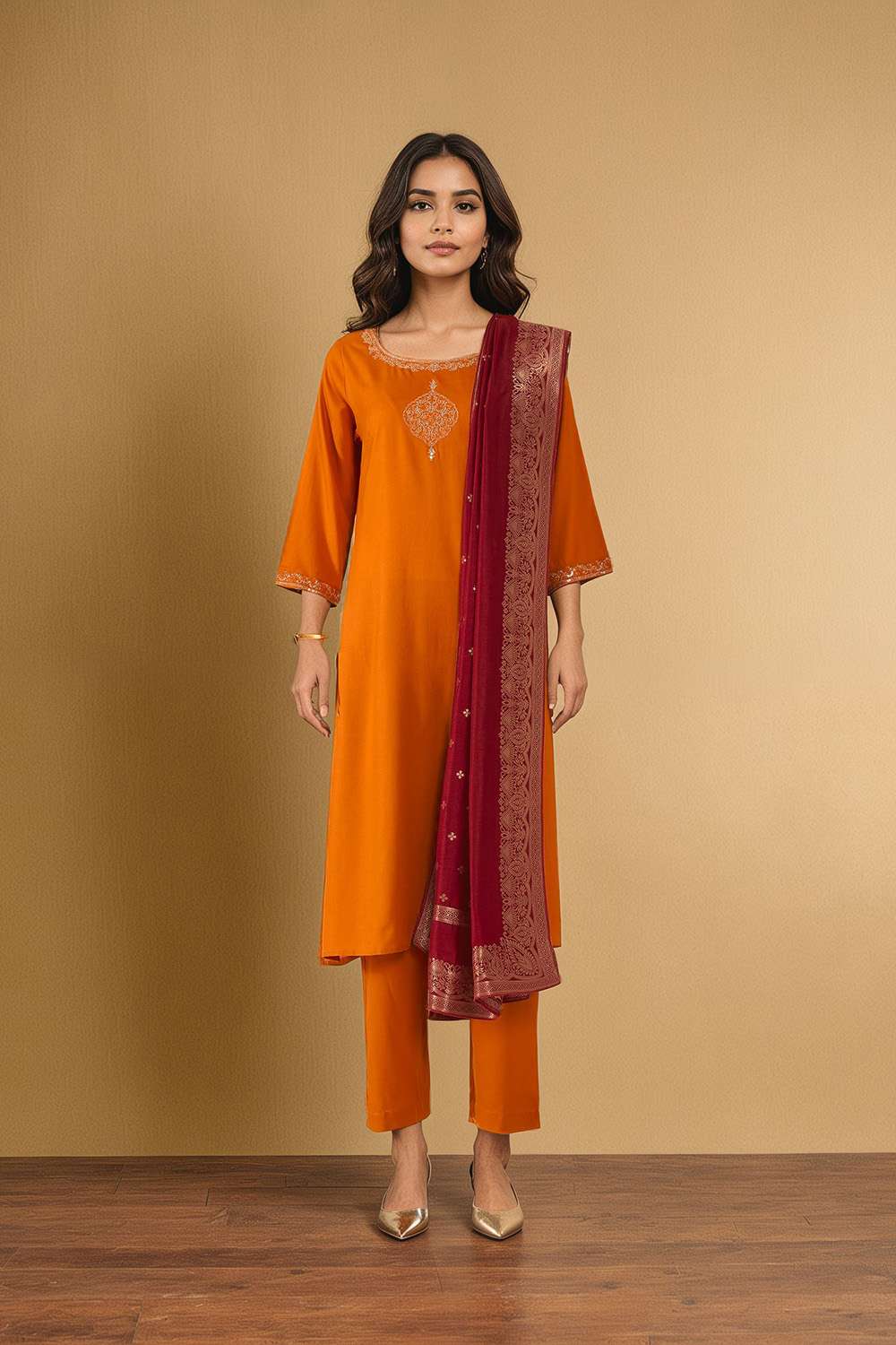 Orange Viscose Embroidered Kurta Set image number null