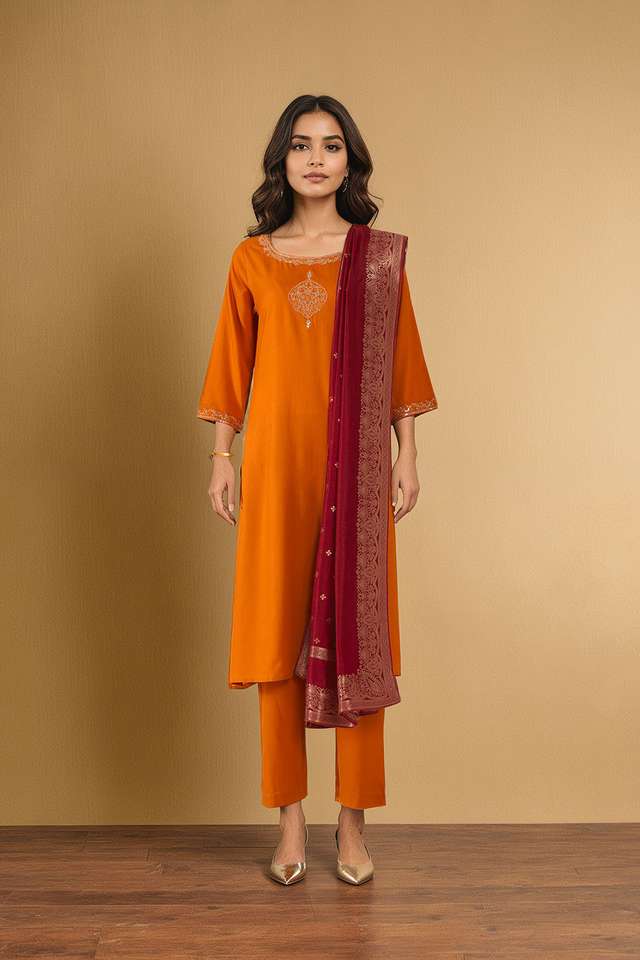 Orange Viscose Embroidered Kurta Set thumbnail image number null