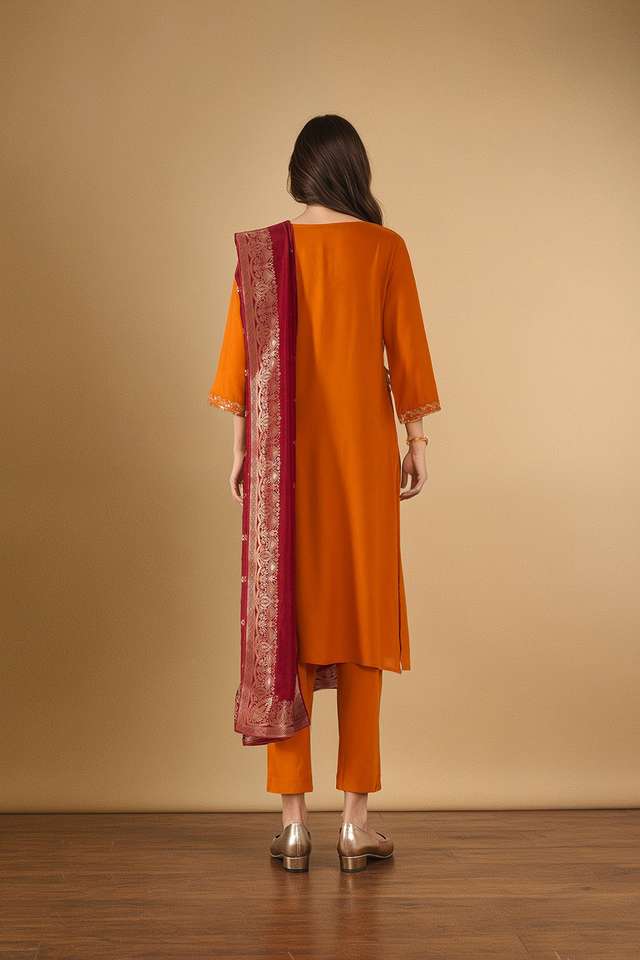 Orange Viscose Embroidered Kurta Set thumbnail image number null