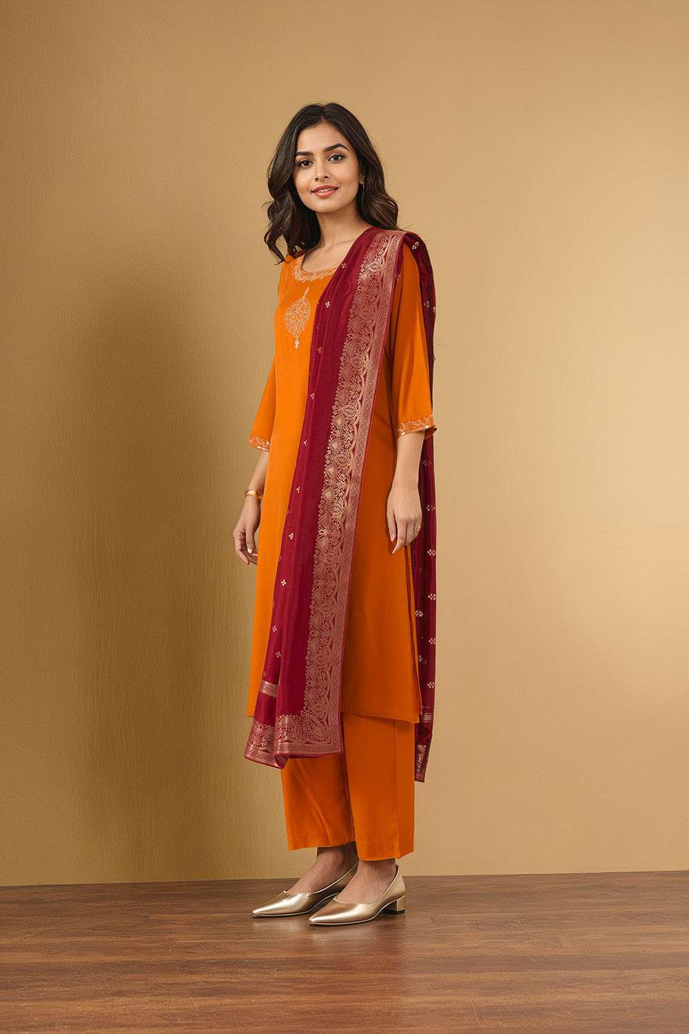 Orange Viscose Embroidered Kurta Set image number null