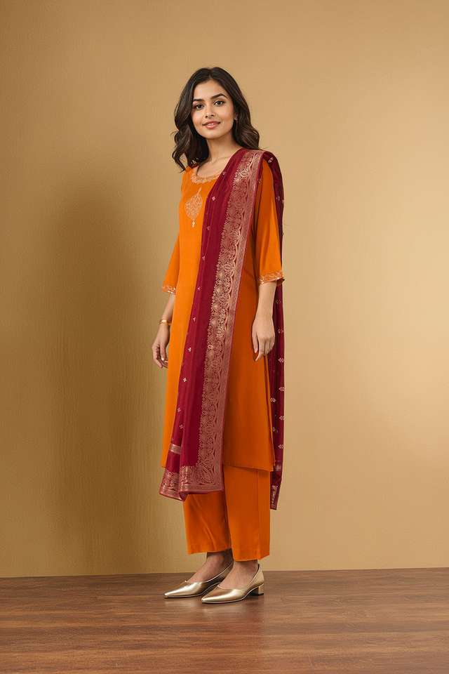 Orange Viscose Embroidered Kurta Set thumbnail image number null