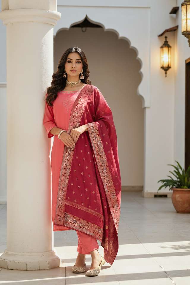 Pink Viscose Embroidered Kurta Set