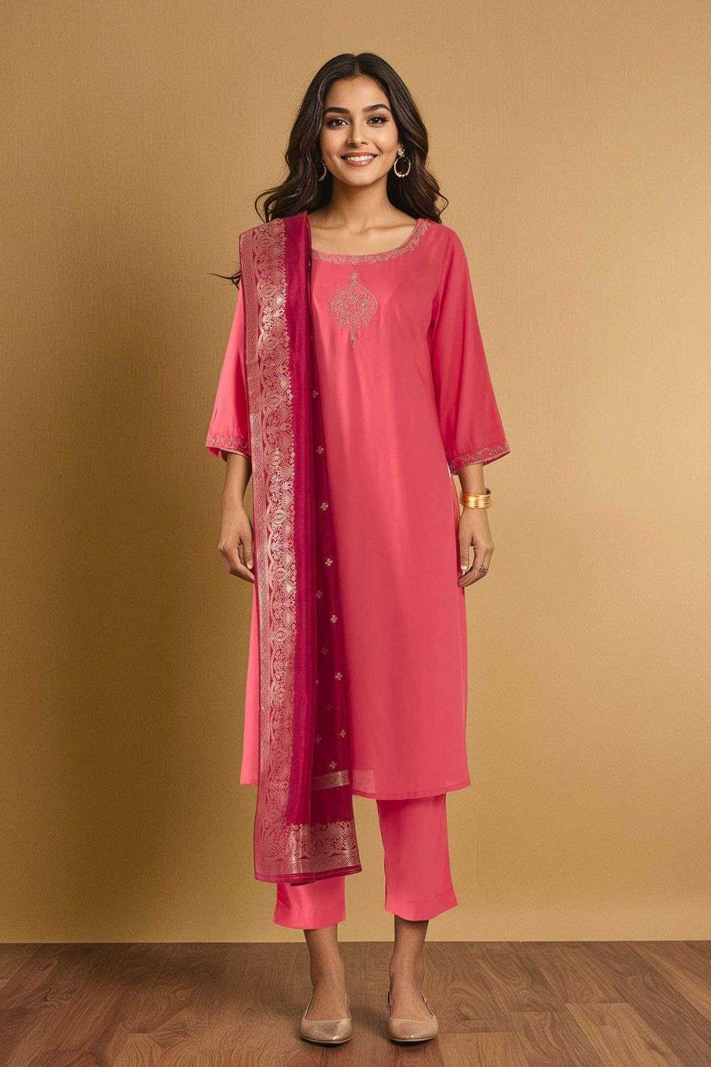 Pink Viscose Embroidered Kurta Set image number null