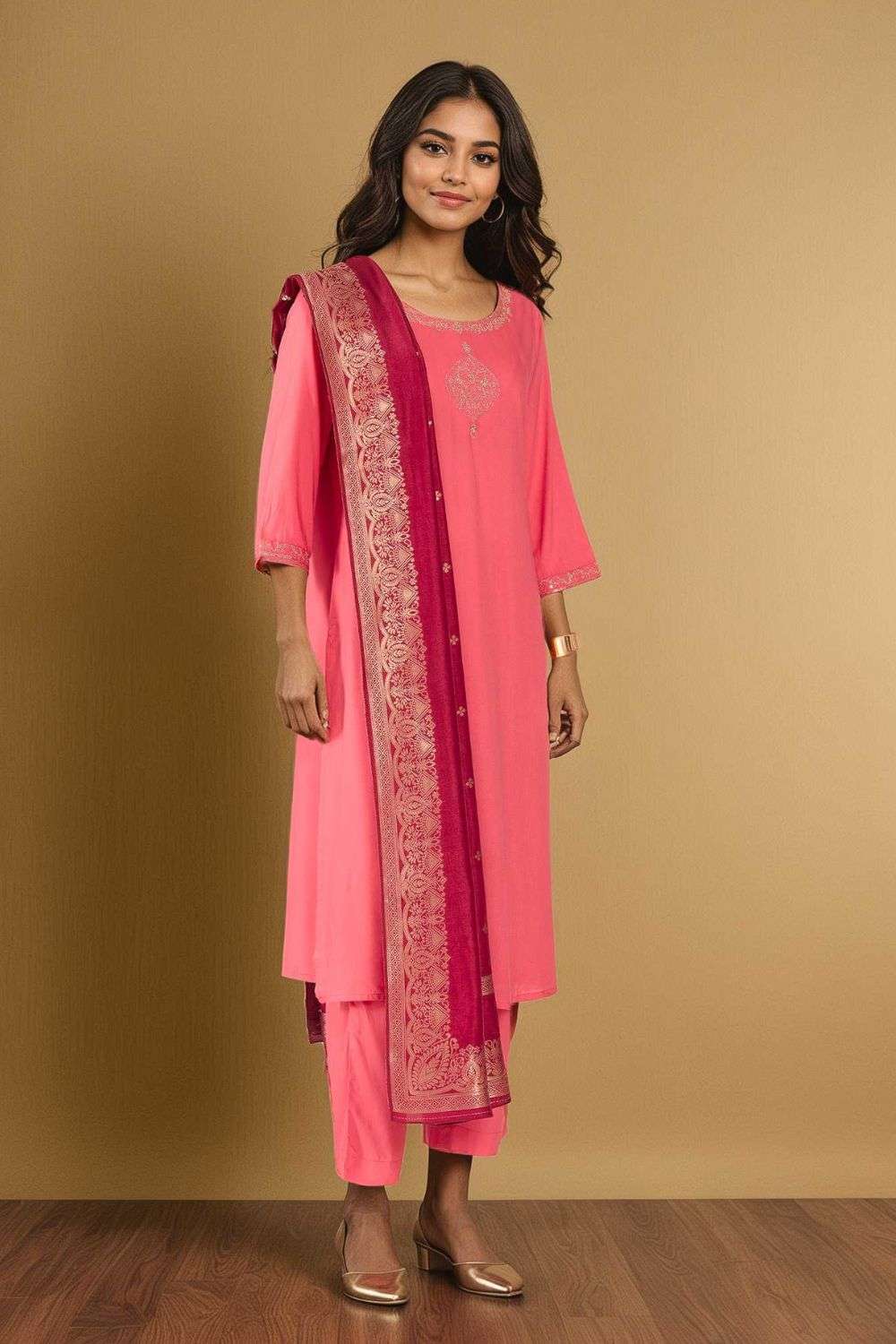 Pink Viscose Embroidered Kurta Set image number null