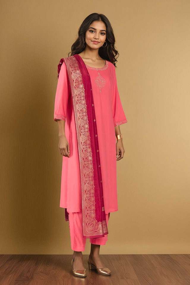 Pink Viscose Embroidered Kurta Set thumbnail image number null