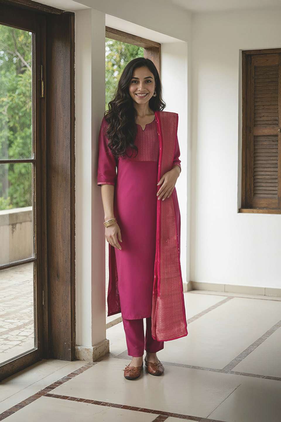 Dark Pink Pure Viscose Brocade Kurta Set