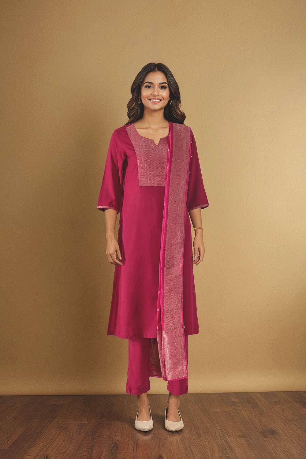Dark Pink Pure Viscose Brocade Kurta Set image number null