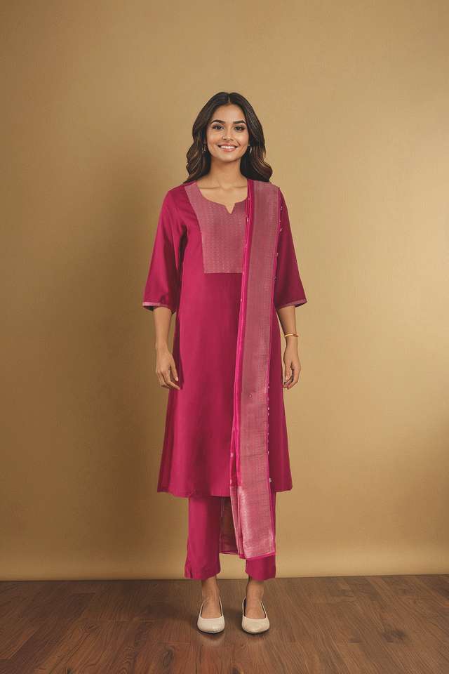 Dark Pink Pure Viscose Brocade Kurta Set thumbnail image number null