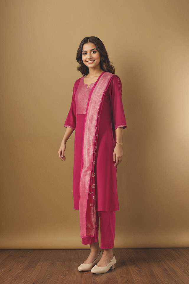 Dark Pink Pure Viscose Brocade Kurta Set thumbnail image number null
