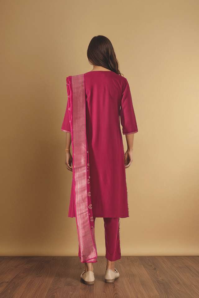 Dark Pink Pure Viscose Brocade Kurta Set thumbnail image number null
