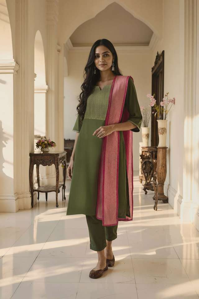 Green Brocade Pure Viscose Kurta Set image number