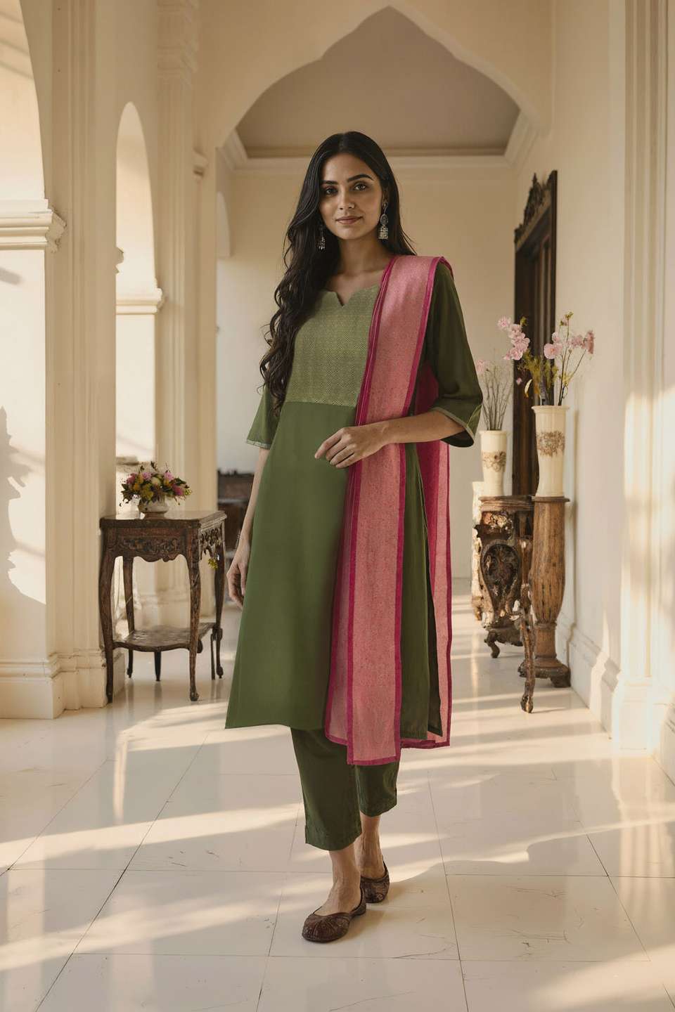 Green Brocade Pure Viscose Kurta Set