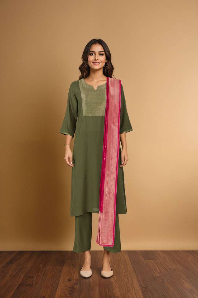 Green Brocade Pure Viscose Kurta Set thumbnail image number null