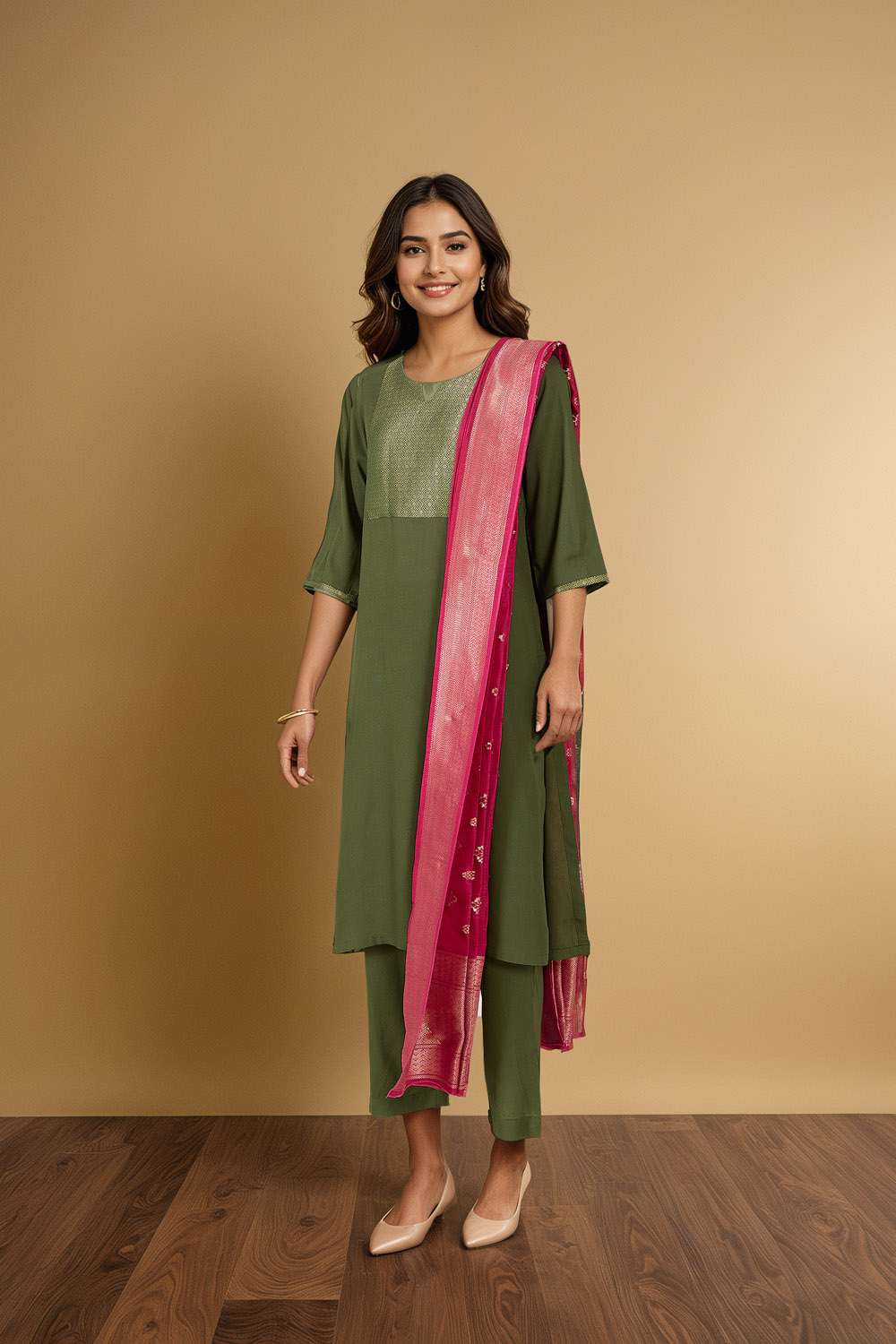 Green Brocade Pure Viscose Kurta Set image number null