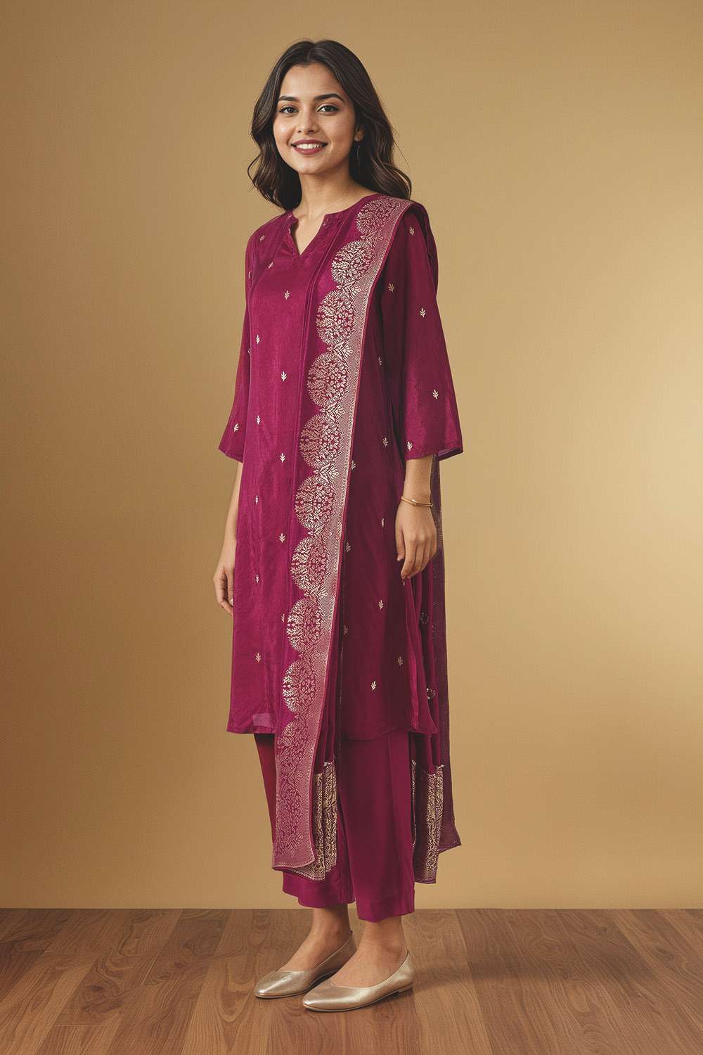 Purple Woven Pure Viscose Kurta Set image number null