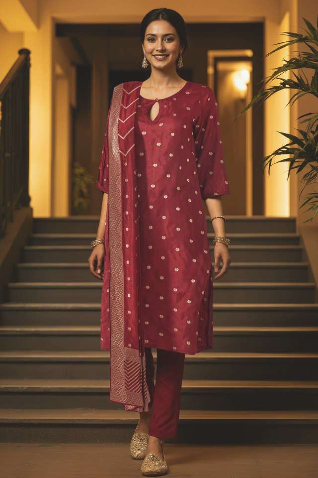 Dark Red Viscose Woven Kurta Set image number