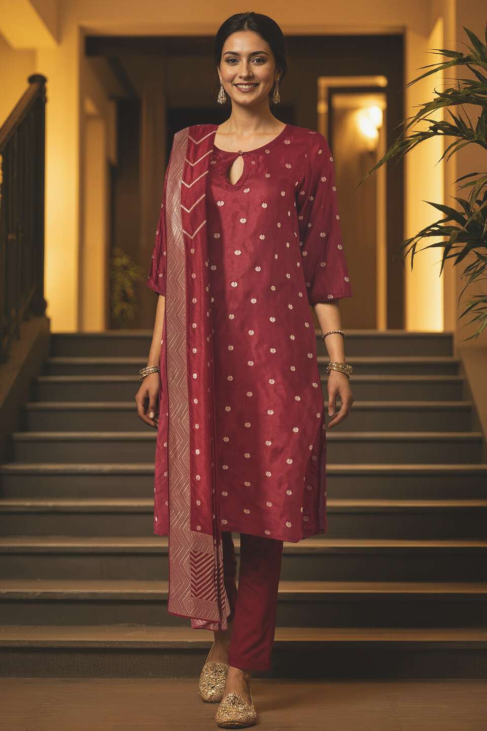 Dark Red Viscose Woven Kurta Set