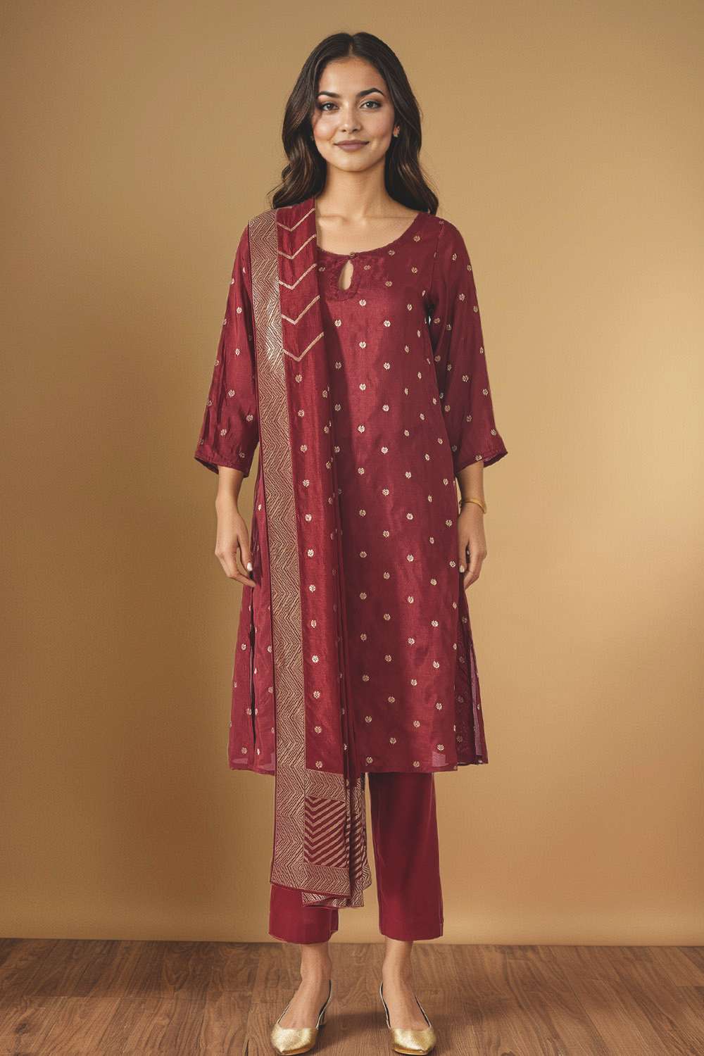 Dark Red Viscose Woven Kurta Set image number null