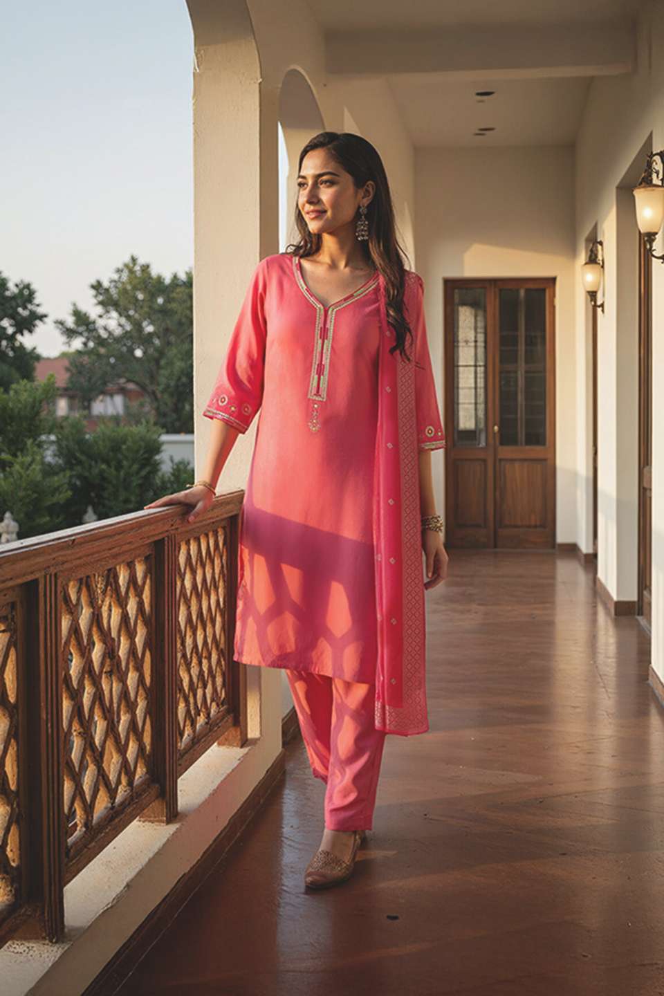 Pink Embroidered Pure Viscose Kurta Set