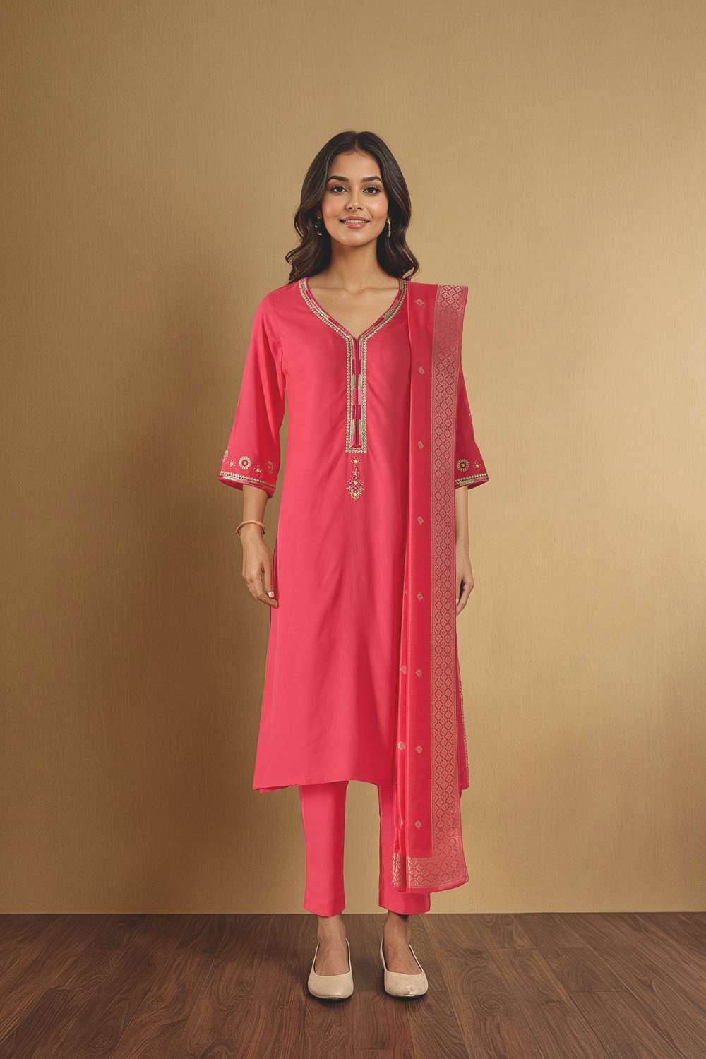 Pink Embroidered Pure Viscose Kurta Set image number null