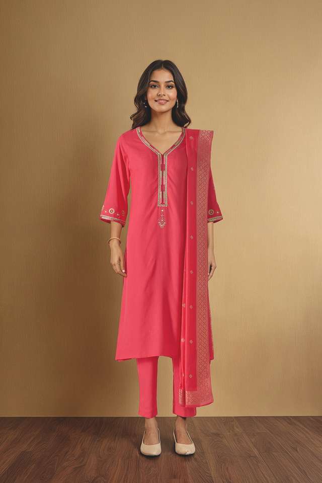 Pink Embroidered Pure Viscose Kurta Set thumbnail image number null
