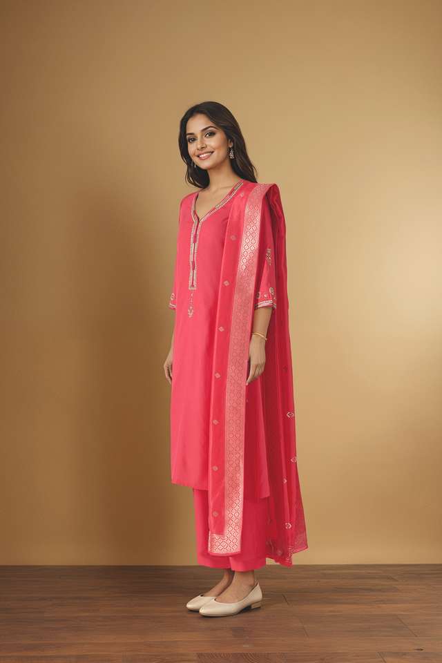 Pink Embroidered Pure Viscose Kurta Set thumbnail image number null