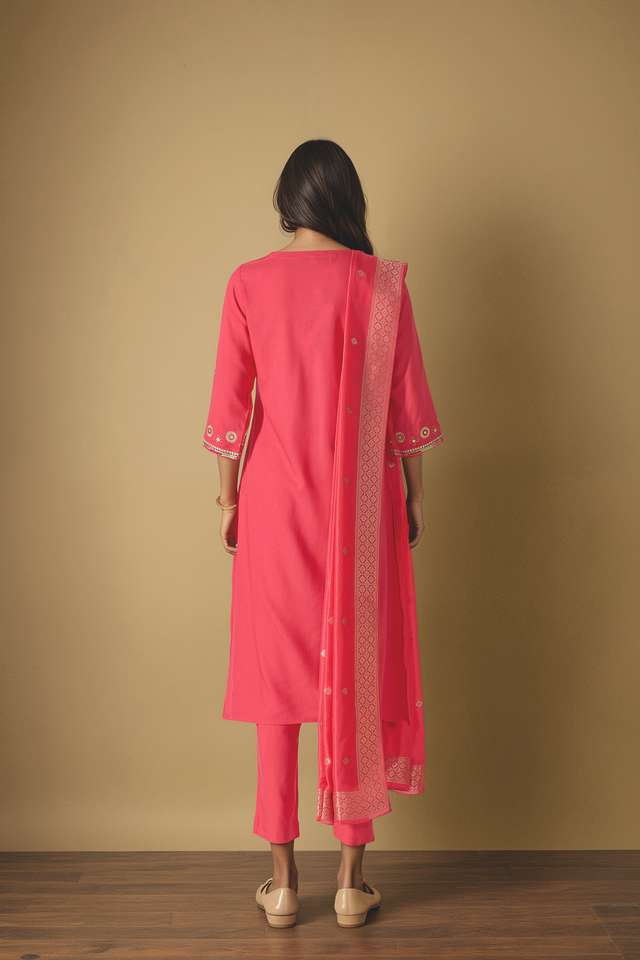 Pink Embroidered Pure Viscose Kurta Set thumbnail image number null