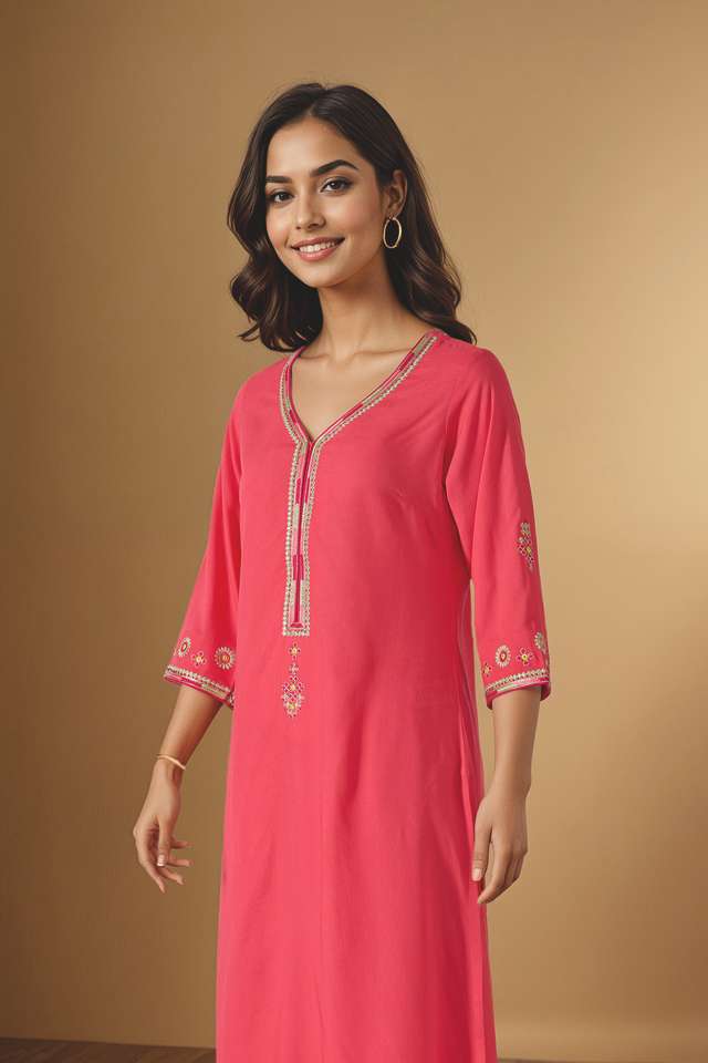 Pink Embroidered Pure Viscose Kurta Set thumbnail image number null