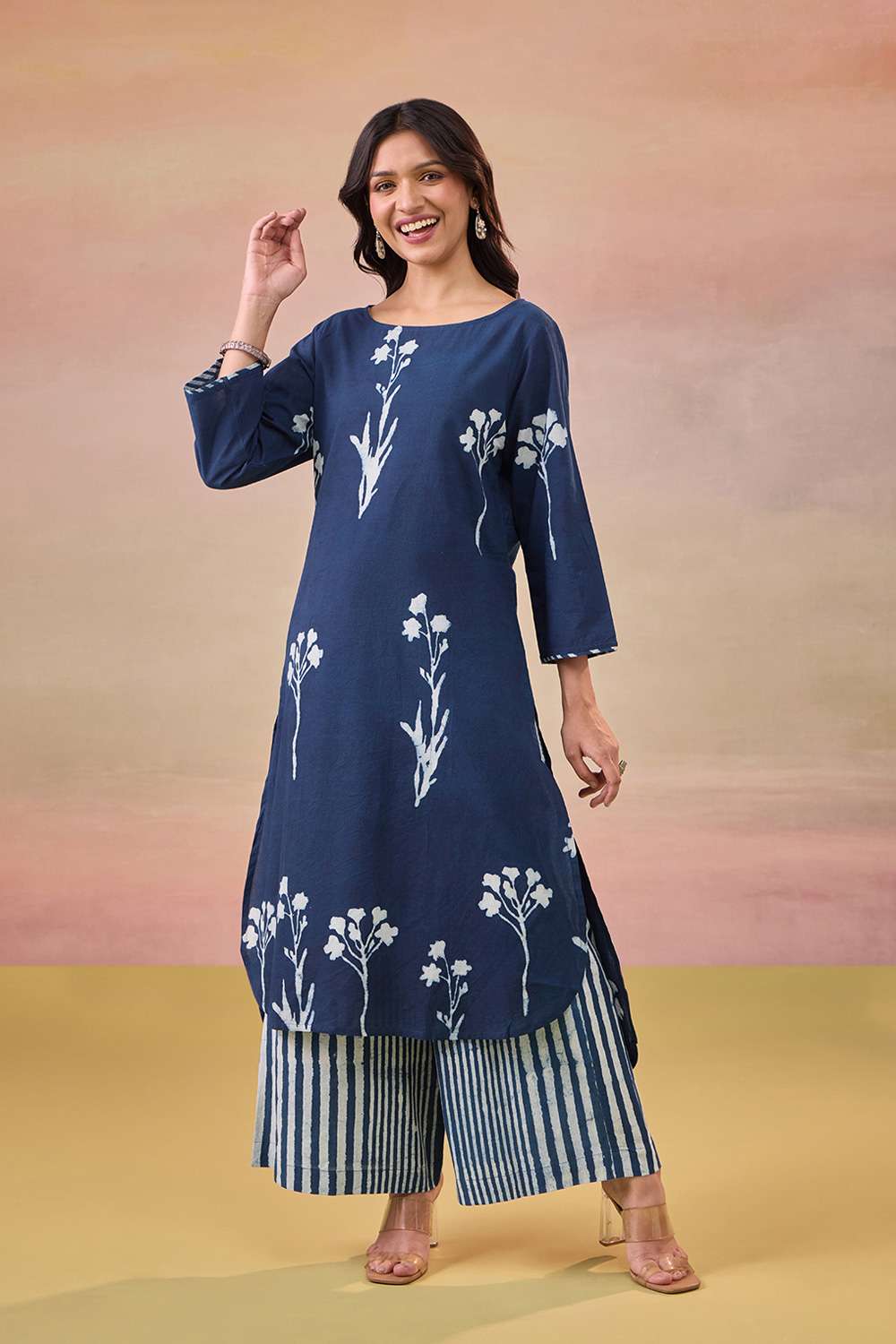 Blue Pure Cotton Dabu Block Printed Kurta Set image number null