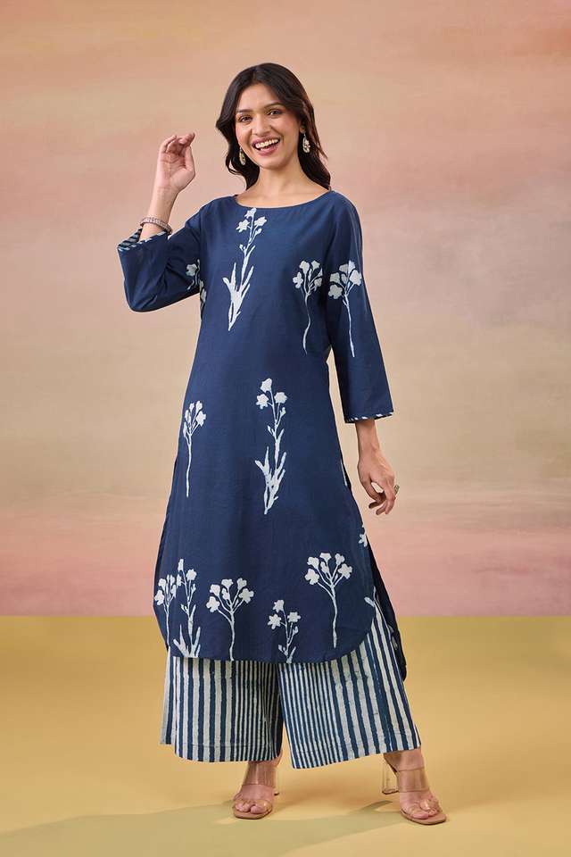 Blue Pure Cotton Dabu Block Printed Kurta Set image number