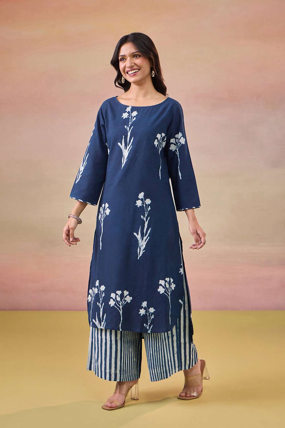 Blue Pure Cotton Dabu Block Printed Kurta Set image number null