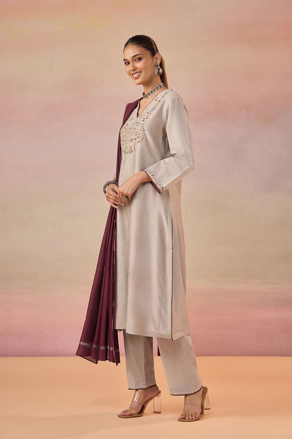 Grey Pure Silk Cotton Embroidered Kurta Set